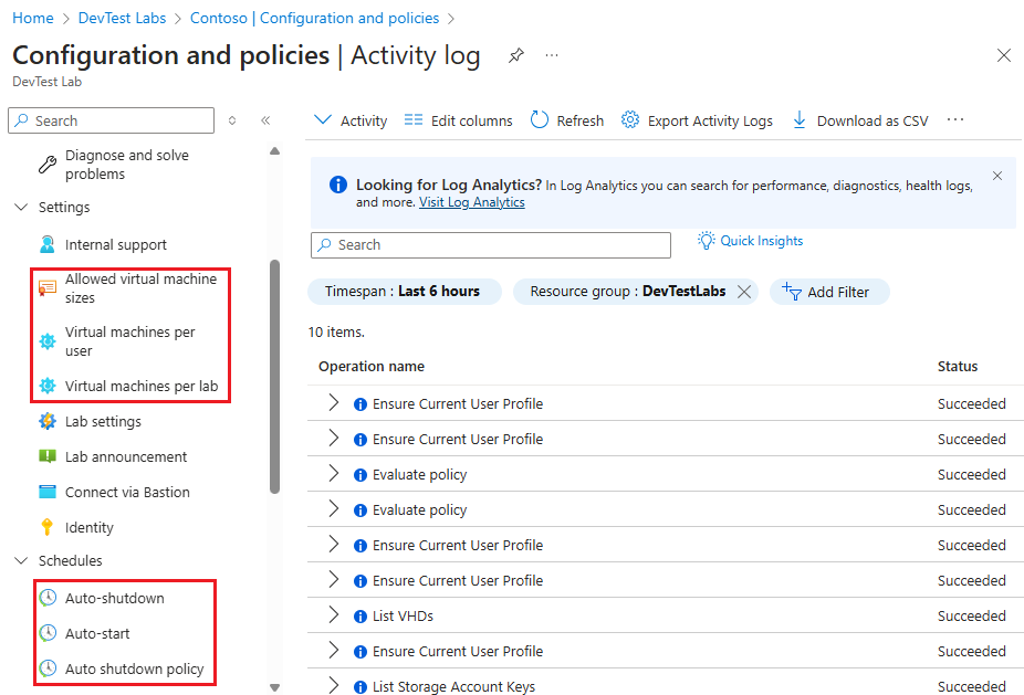 Screenshot that shows a lab's Configuration and Policies options.