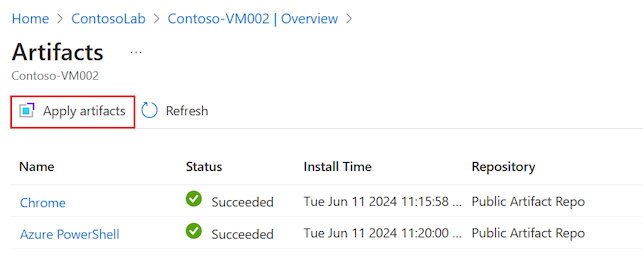 Screenshot that shows how to confirm that artifacts can be applied to the DevTest Labs virtual machine.