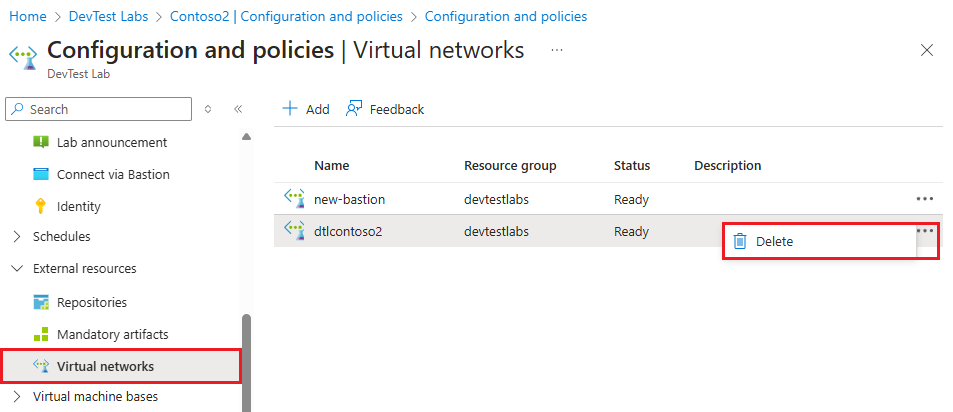 Screenshot that shows deleting the old lab virtual network.