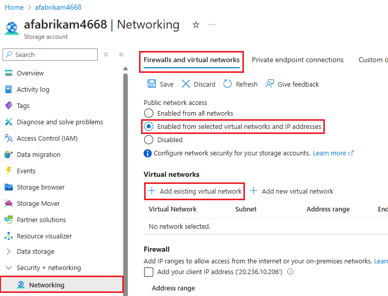 Screenshot that shows the resource group networking page with add existing virtual network highlighted.