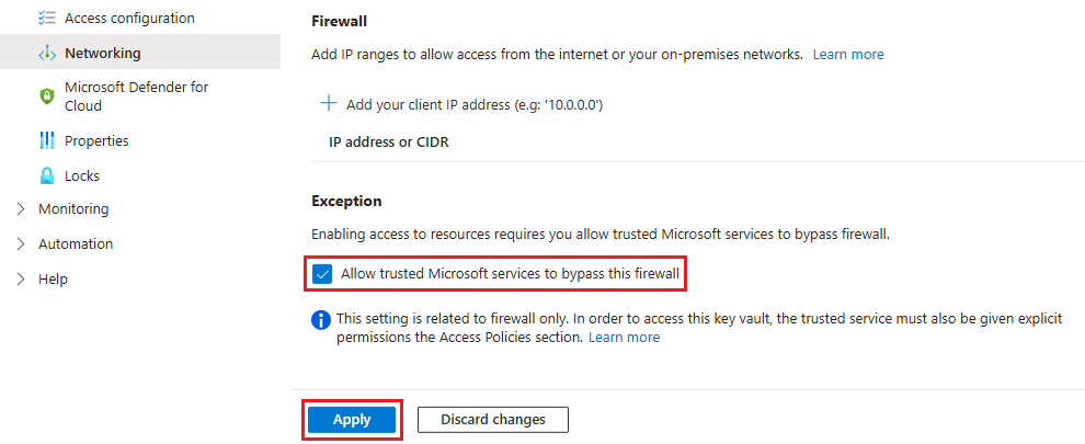 Screenshot that shows adding a virtual network and subnet in a key vault.
