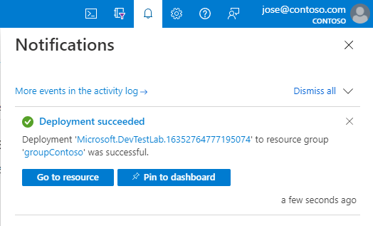 Screenshot of the DevTest Labs deployment notification.