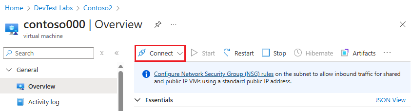 Screenshot of selecting Connect in the top menu of the VM.