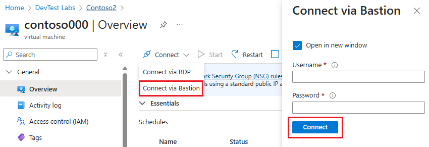 Screenshot of selecting Connect via Bastion and connecting through Bastion.