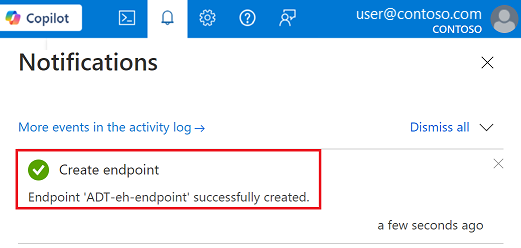 Screenshot of the notification to verify the creation of an endpoint in the Azure portal.