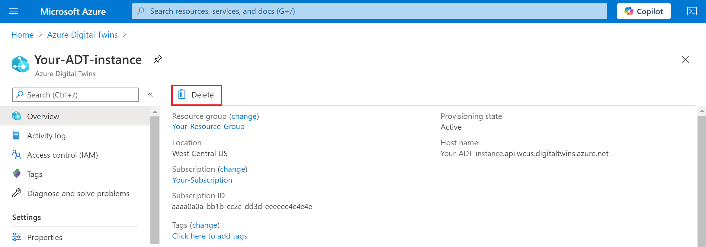 Screenshot of the Azure Digital Twins instance details in the Azure portal, on the Overview tab. The Delete button is highlighted.