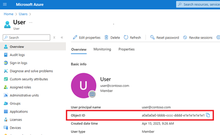 Screenshot of the user page in Azure portal highlighting the GUID in the 'Object ID' field.