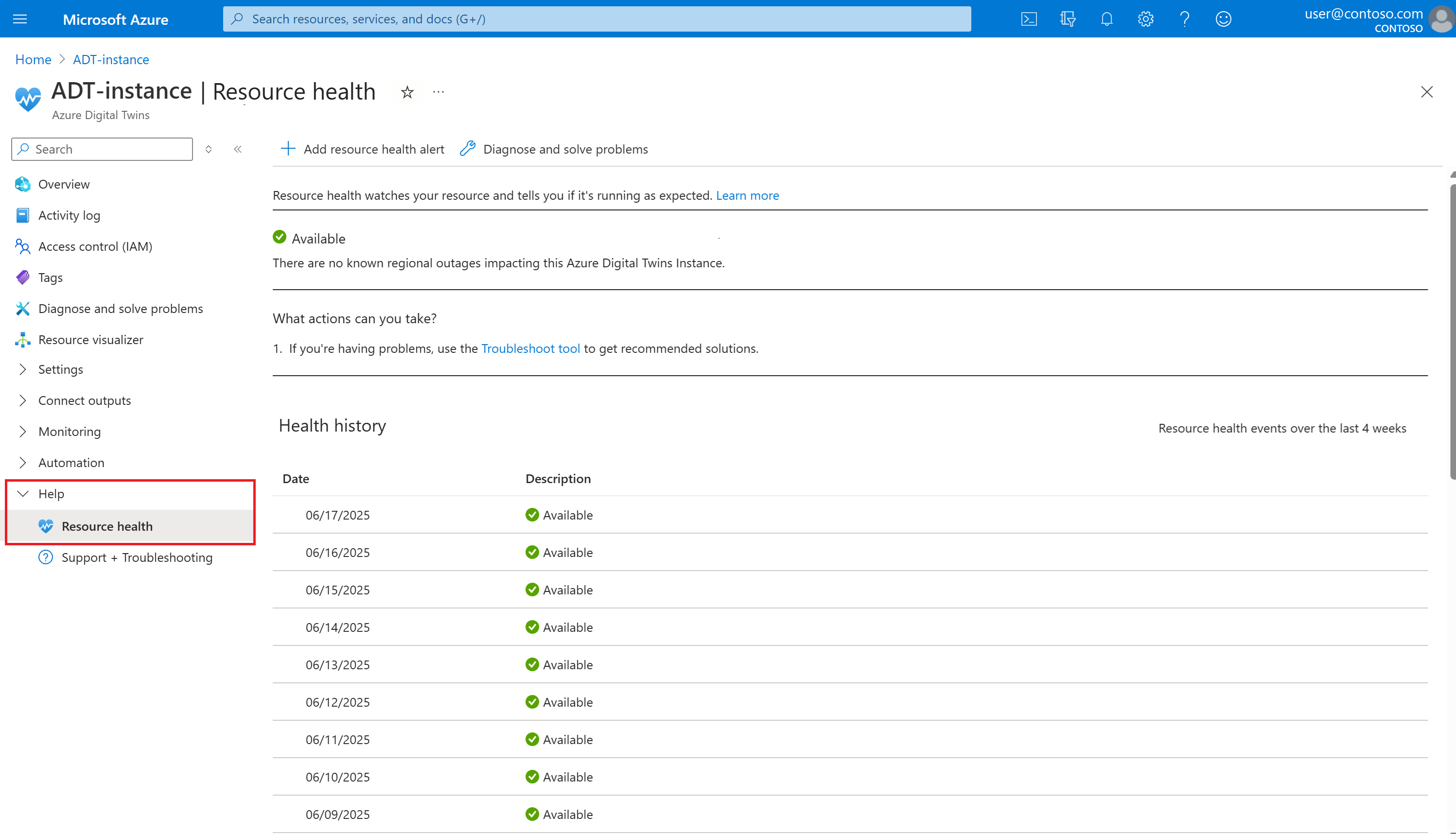 Screenshot showing the Resource health page. There is a Health history section showing a daily report from the last nine days.