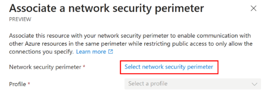 Screenshot that shows the Associate a network security perimeter page with the Select network security perimeter link selected.