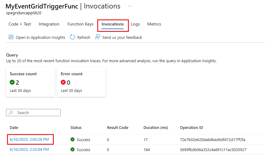 Screenshot that shows the Invocations tab of the Monitor page.