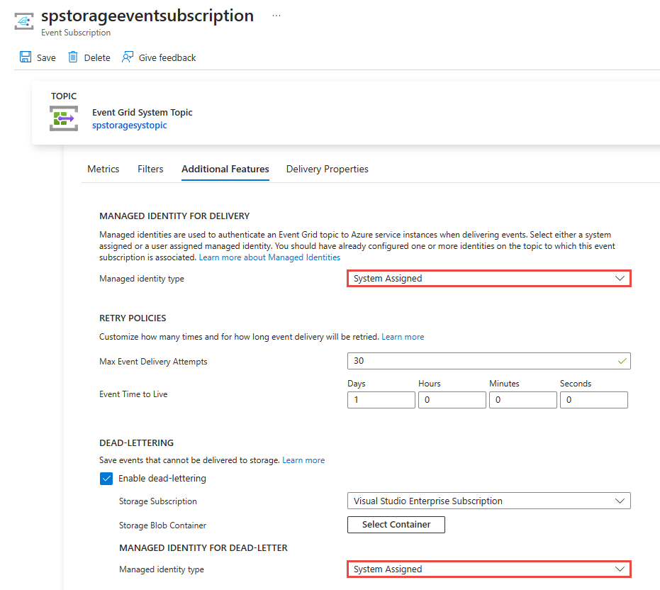 Screenshot of enabling a system-assigned identity on an existing event subscription.