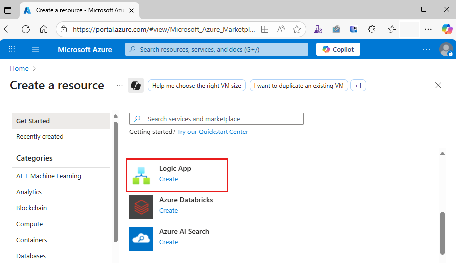 Screenshot shows the Azure portal with options to create a logic app resource.