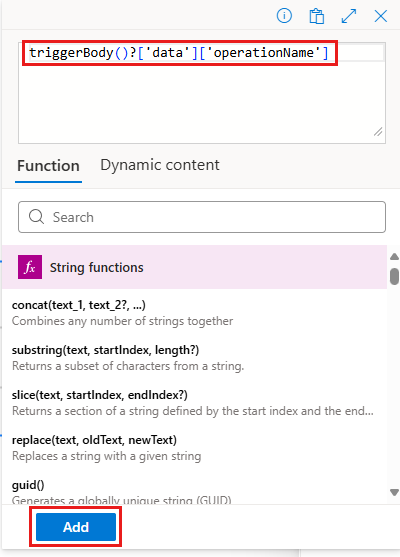 Screenshot shows workflow designer and condition editor with expression to extract the operation name.