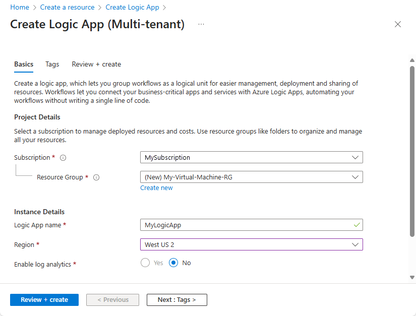 Screenshot shows the logic apps creation menu, showing details like name, subscription, resource group, and location.