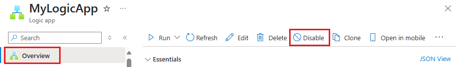 Screenshot shows logic app Overview page with Disable button selected.