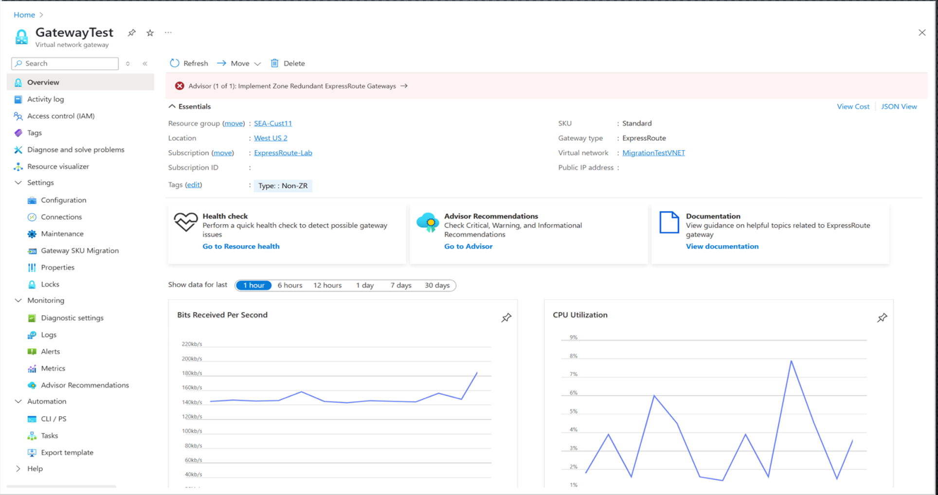 Image showing Azure Advisor notification in overview of the gateway.