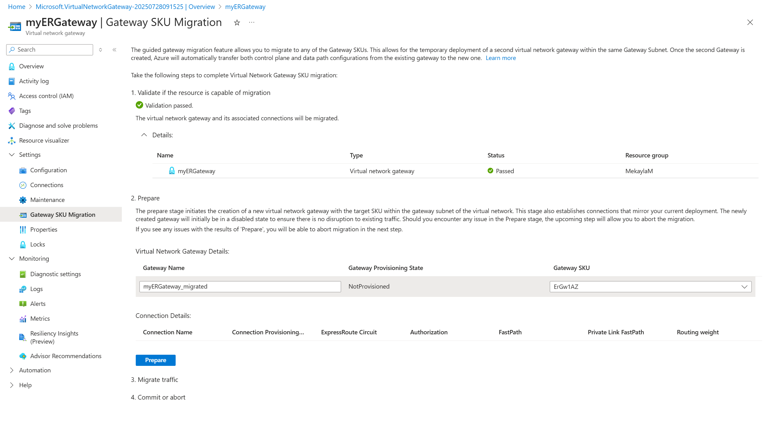 Screenshot of the Prepare stage for migrating a virtual network gateway.