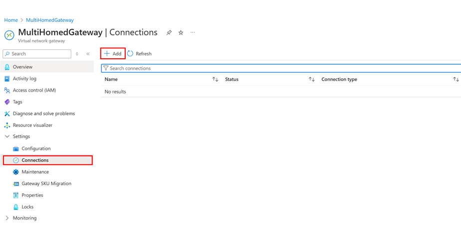 Screenshot of adding a ExpressRoute gateway connections.