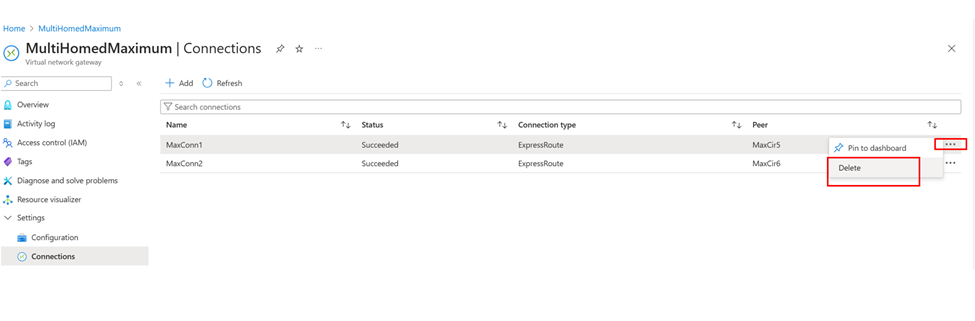 Screenshot of deleting ExpressRoute gateway connections.