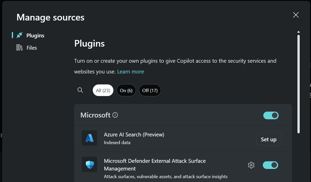 Screenshot of Defender EASM activated in Security Copilot.