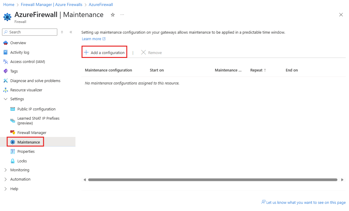 Screenshot showing the Maintenance configuration option in an Azure Firewall resource.