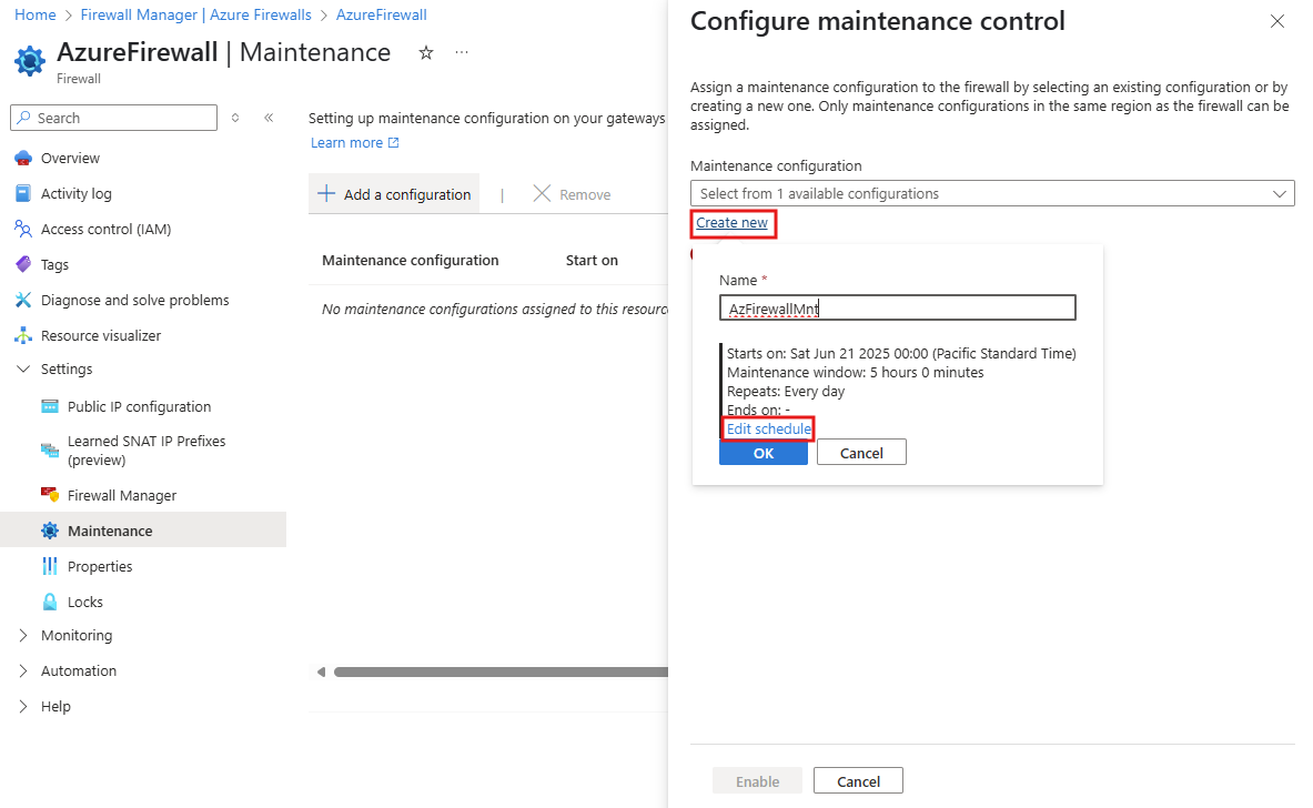 Screenshot showing the Maintenance configuration scheduling in an Azure Firewall resource.