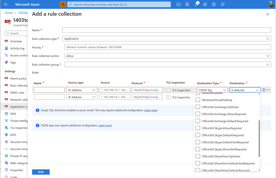 Screenshot showing Microsoft 365 application rule collection.