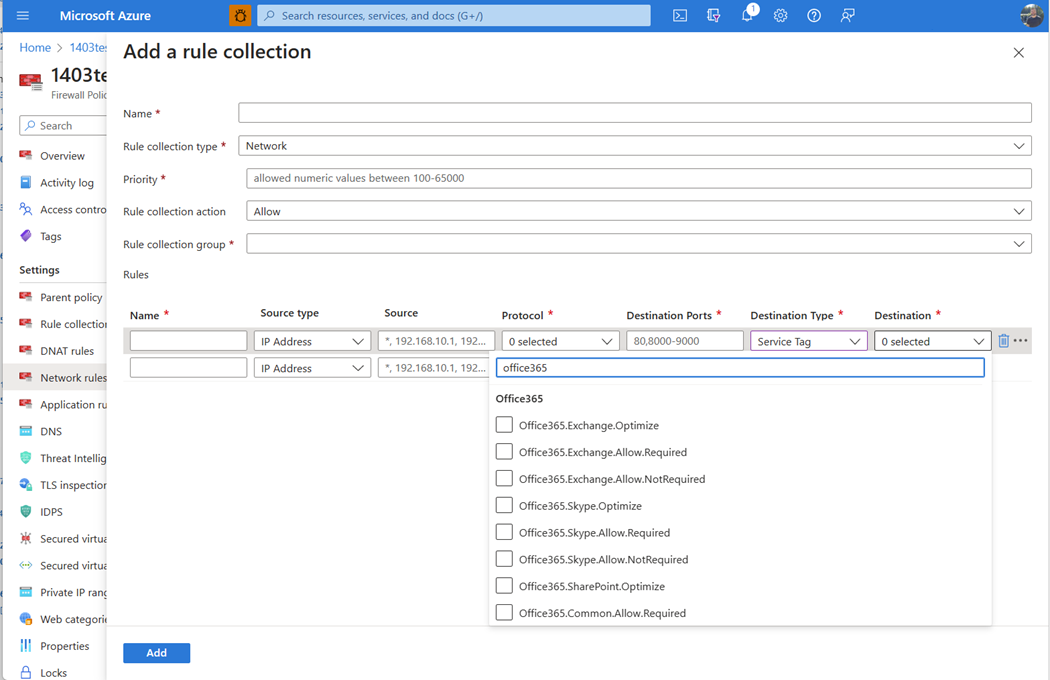 Screenshot showing Microsoft 365 network rule collection.