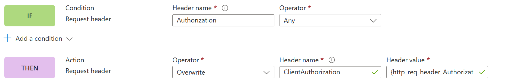Screenshot of the rule for sending the client token to origin via a different header.