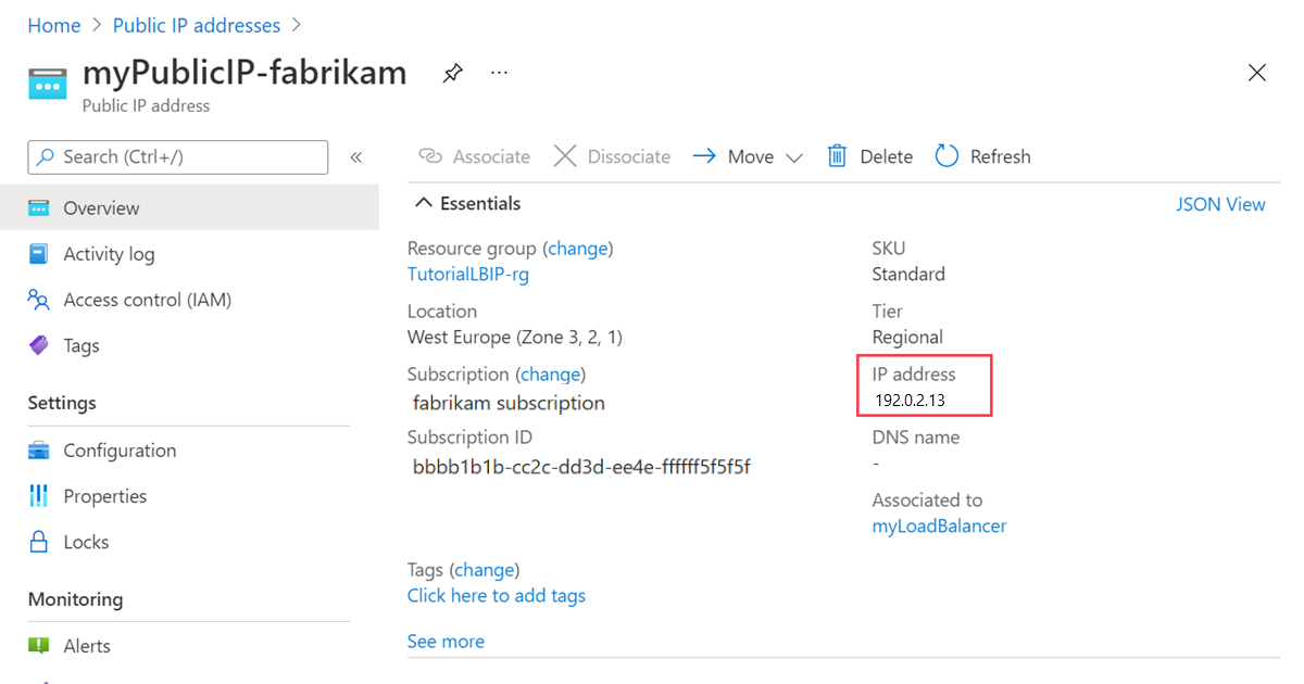 Screenshot of myPublicIP-contoso public IP address.