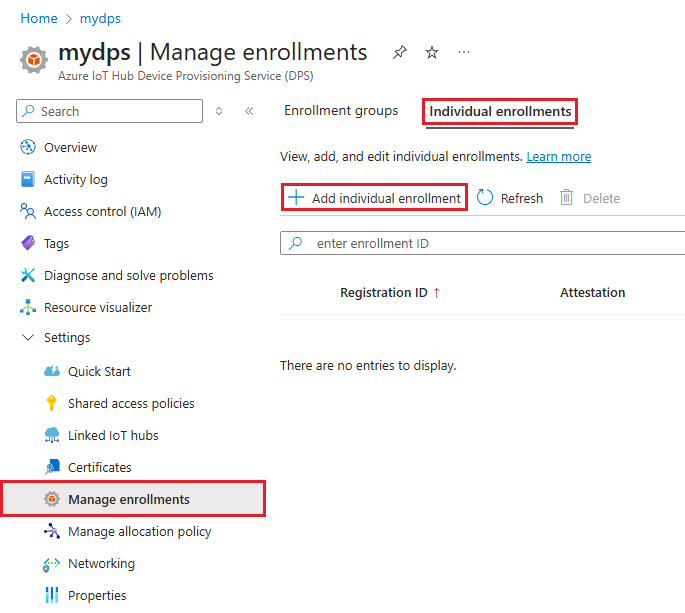Screenshot that shows the add individual enrollment option.