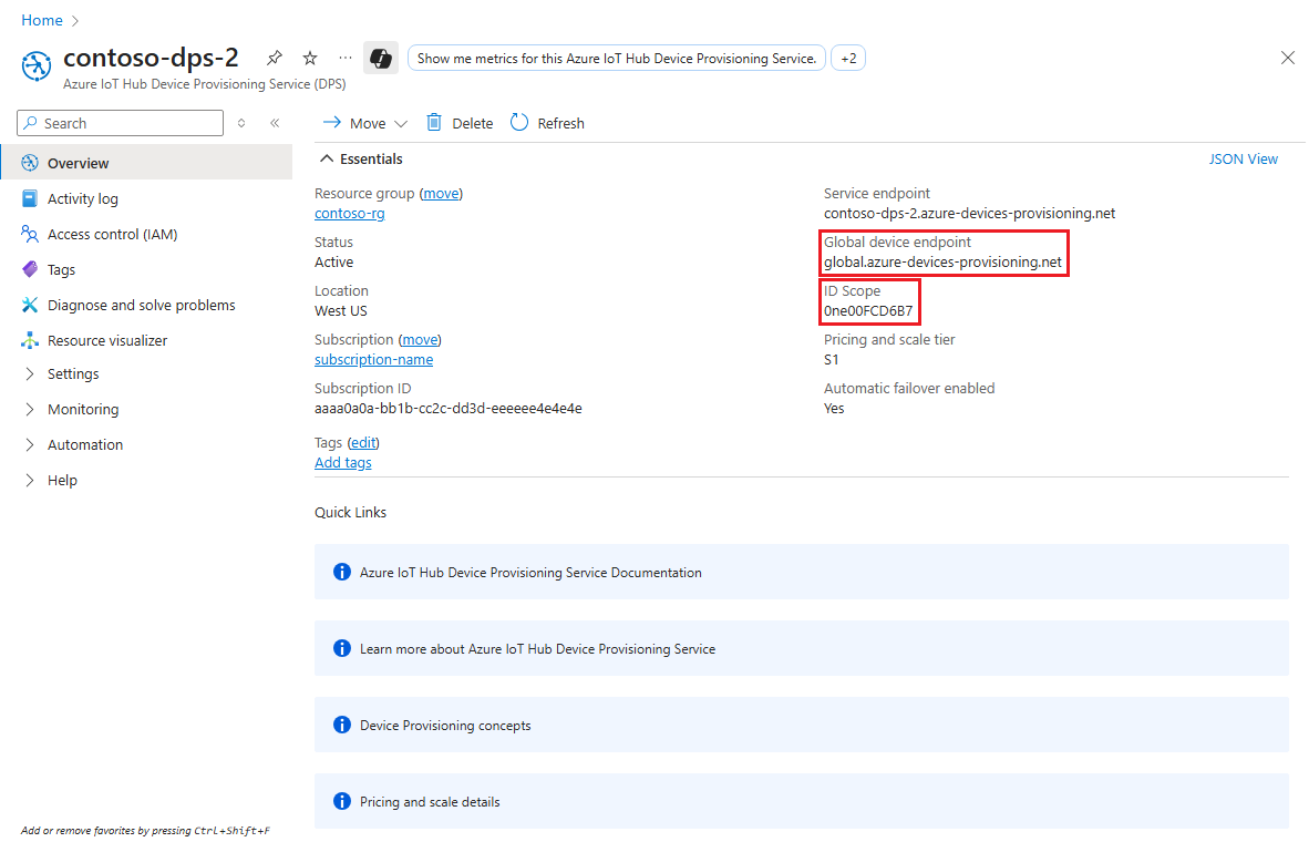 Screenshot of the ID scope and global device endpoint on Azure portal.