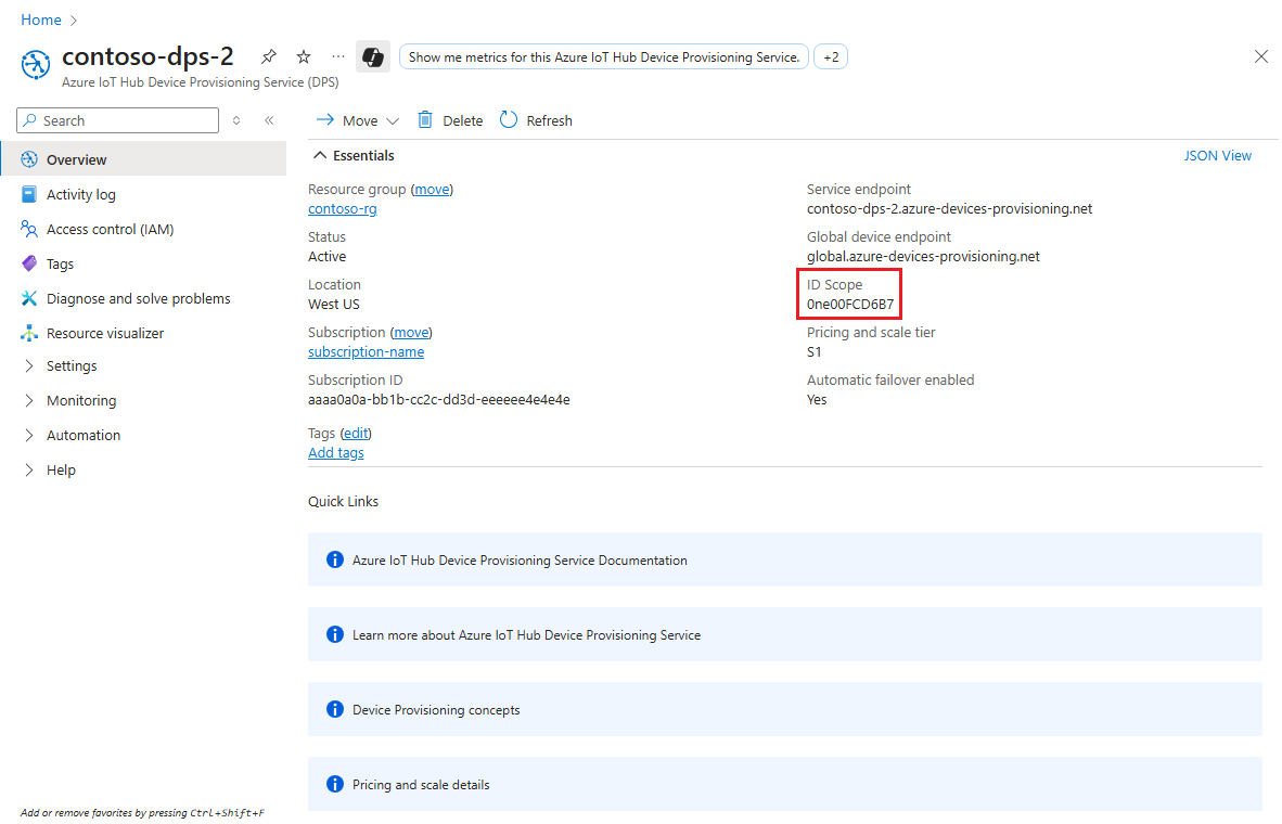 Extract Device Provisioning Service endpoint information from the portal blade