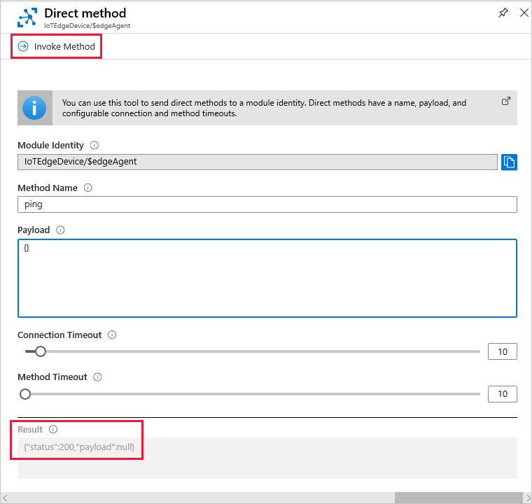 Screenshot of how to invoke the direct method ping in Azure portal.