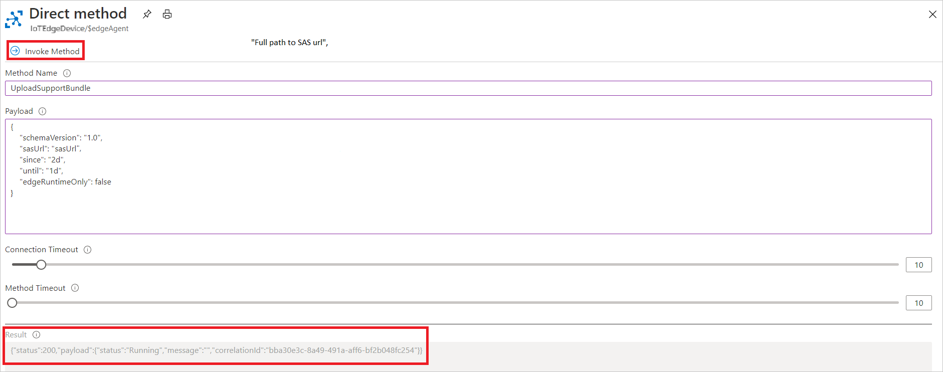 Screenshot of invoking the UploadSupportBundle direct method in the Azure portal.