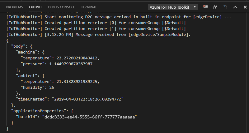 Screenshot of the Visual Studio Code output window showing incoming device-to-cloud messages.