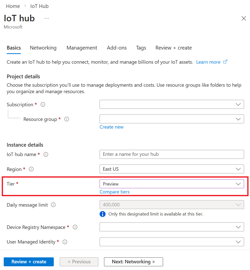 Screen capture that shows how to create an IoT hub in the Azure portal.
