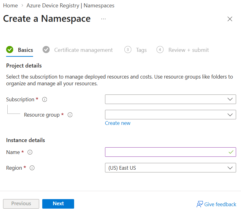 Screen capture that shows how to fill the basics tab for an ADR namespace in the Azure portal.