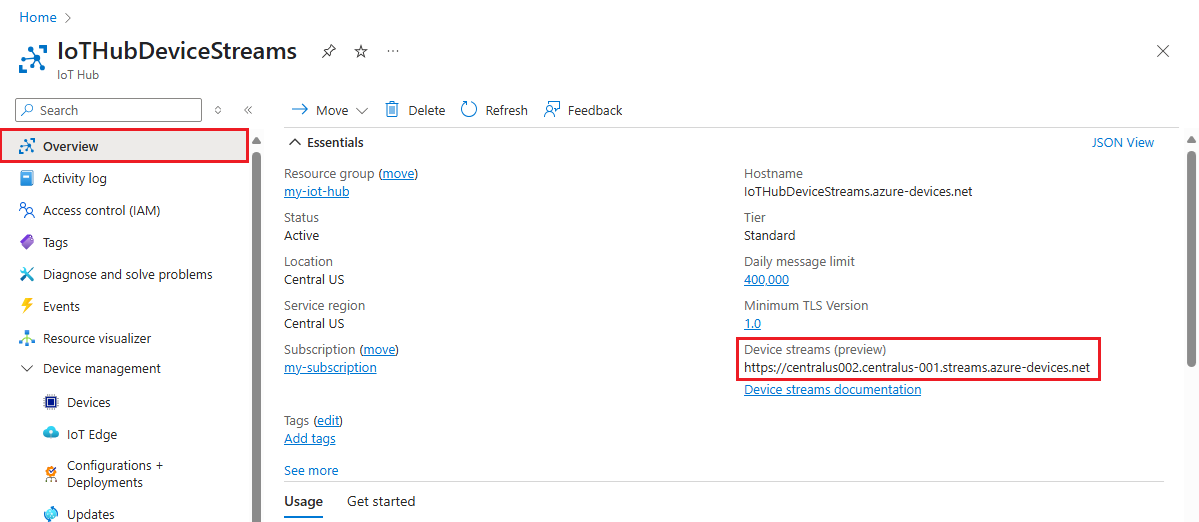 Screenshot of the working pane for an IoT hub in Azure portal, highlighting the hostname for device streaming endpoints.