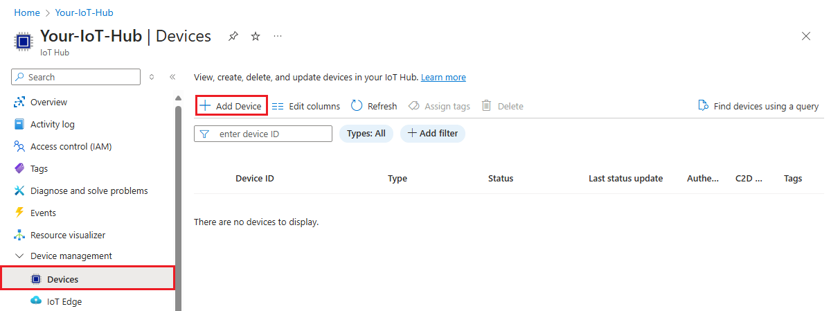 Screenshot that shows adding a new device in the Azure portal.