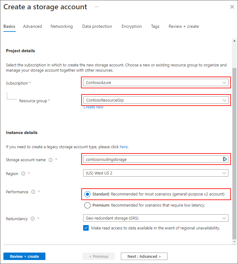 Screenshot that shows how to create a storage account in the Azure portal.