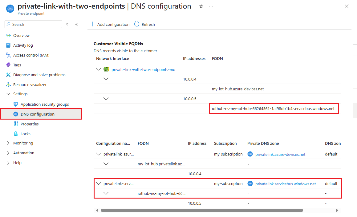 Screenshot showing two private endpoints for an IoT Hub private link, highlighting the FQDN and configuration for the built-in endpoint.