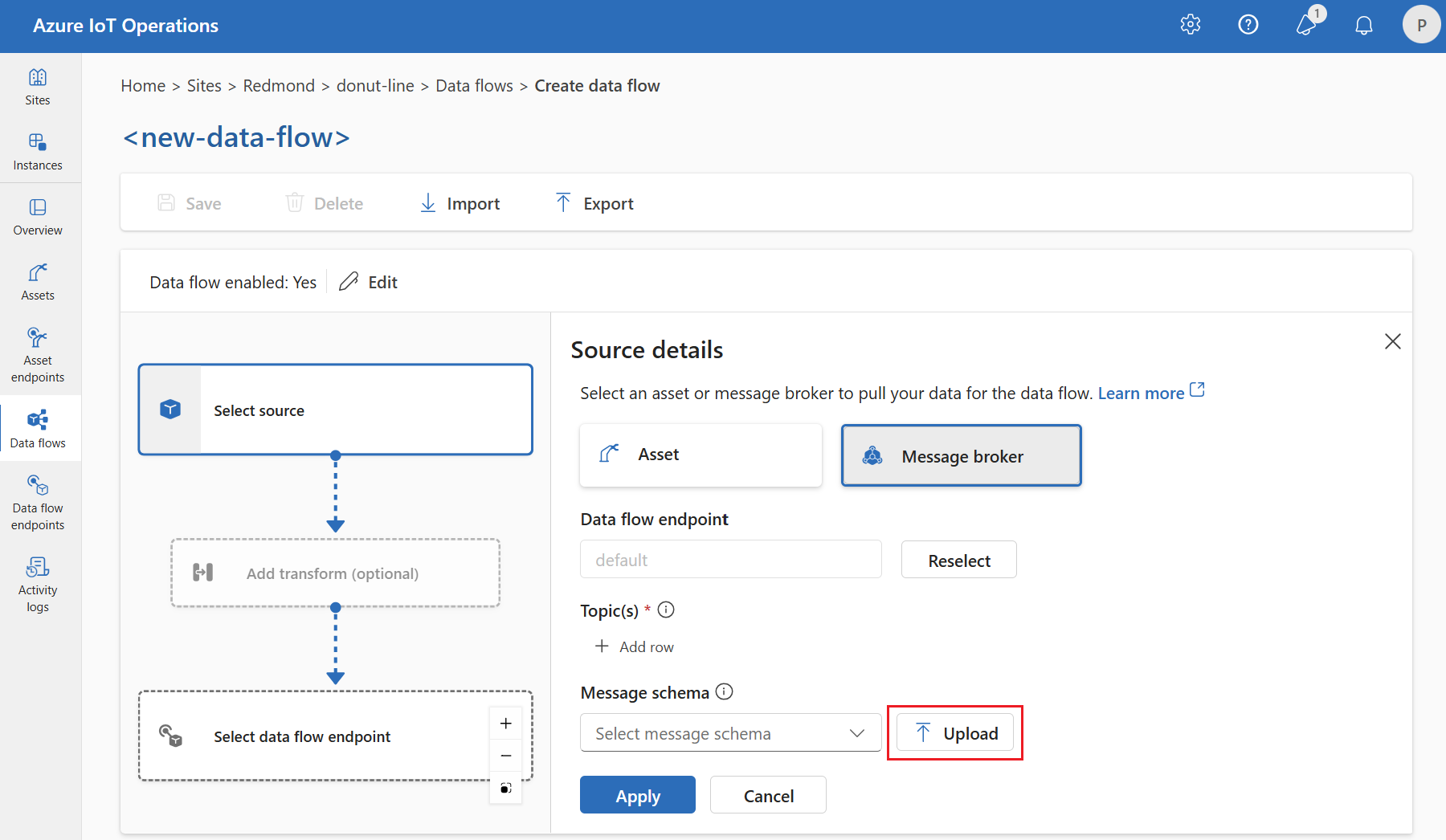 Screenshot that shows uploading a message schema in the operations experience web UI.