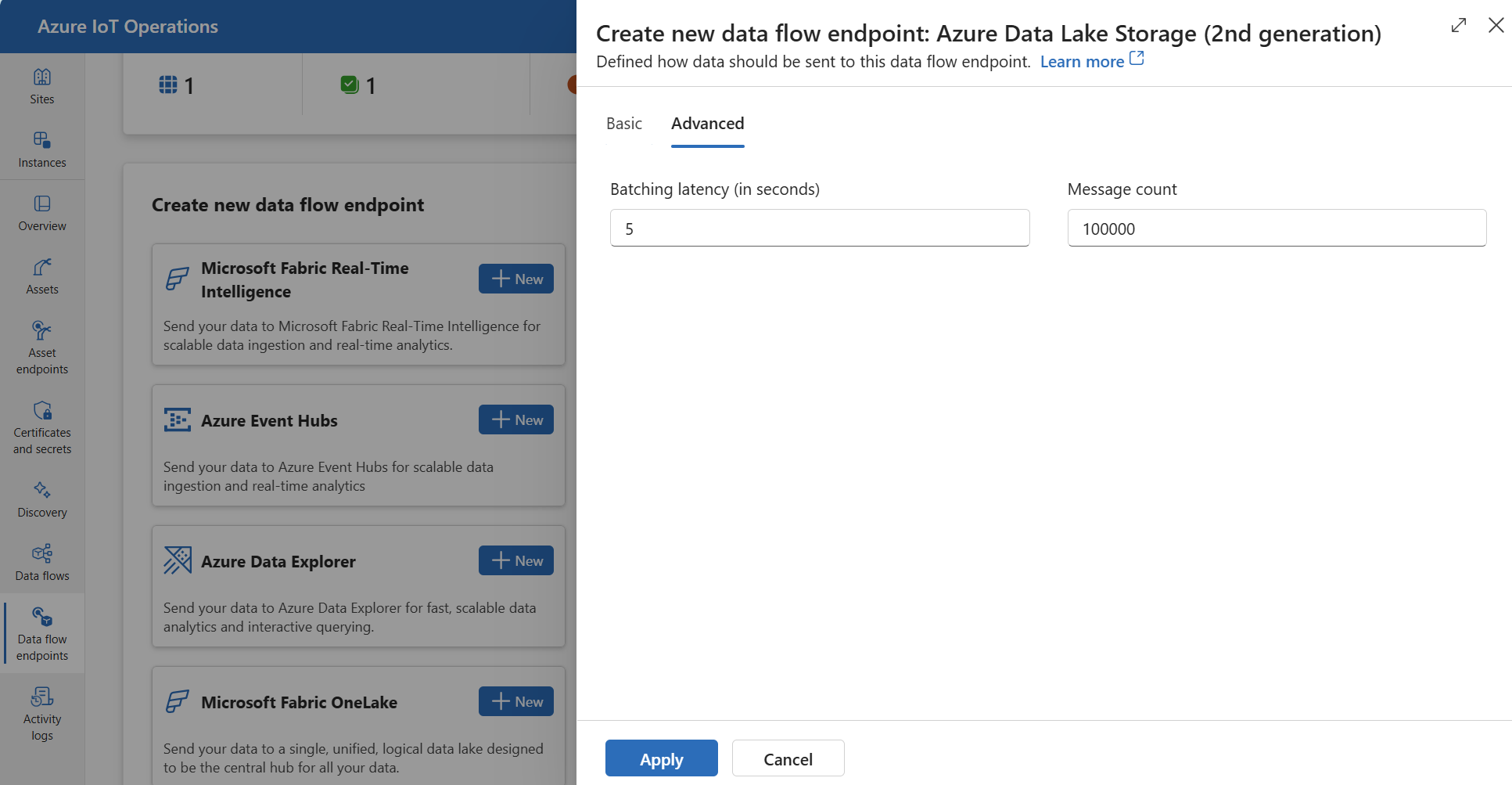 Screenshot using operations experience to set ADLS V2 advanced settings.