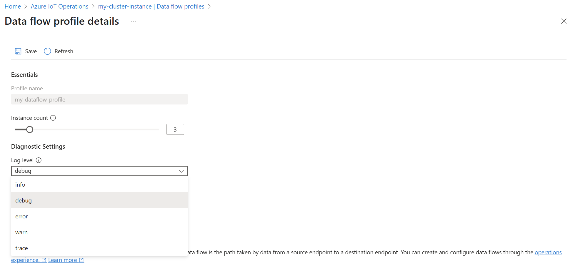 Screenshot of the Azure portal displaying data flow details and the log level options listed.