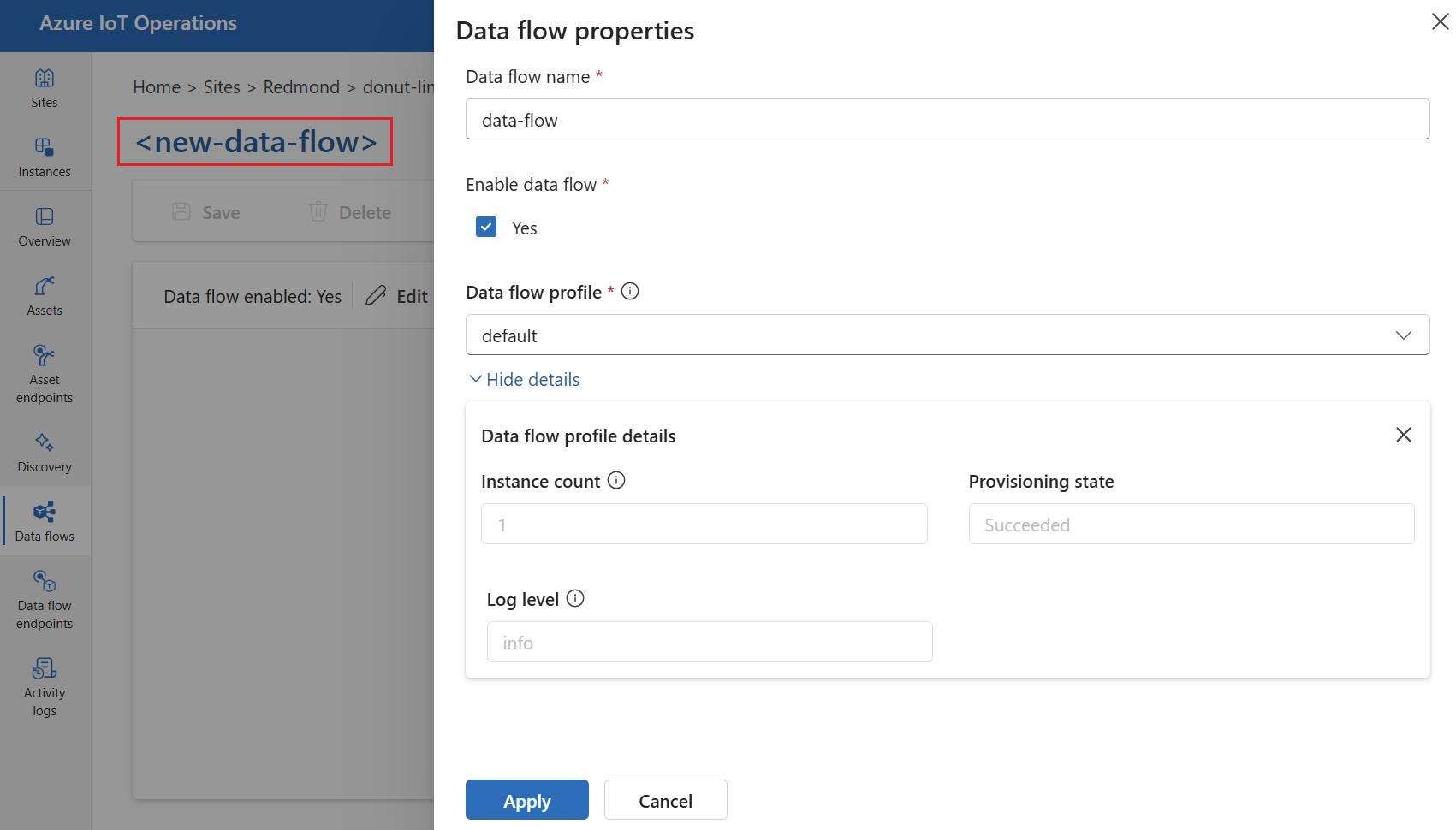 Screenshot of the operations experience interface where a user names the data flow and selects a profile for it.