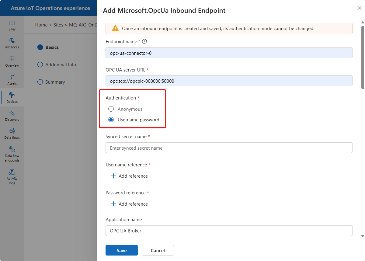 Screenshot that shows the username and password authentication mode selected.