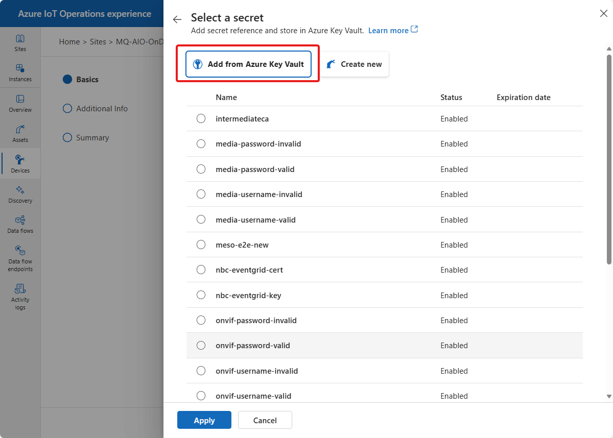 Screenshot that shows the username and password references from Azure Key Vault.