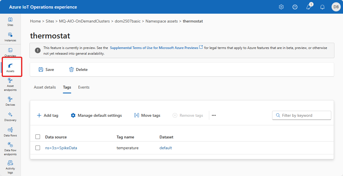 A screenshot that shows the thermostat asset in the operations experience.