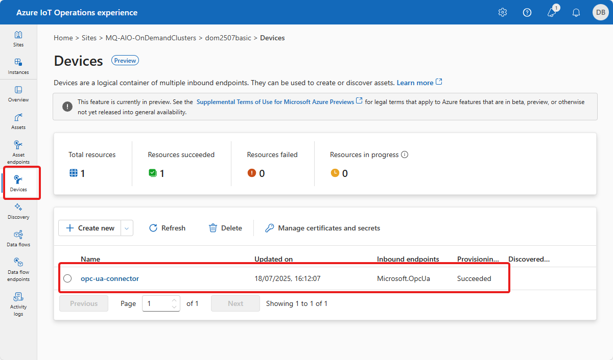 Screenshot in the operations experience that shows a list of devices.